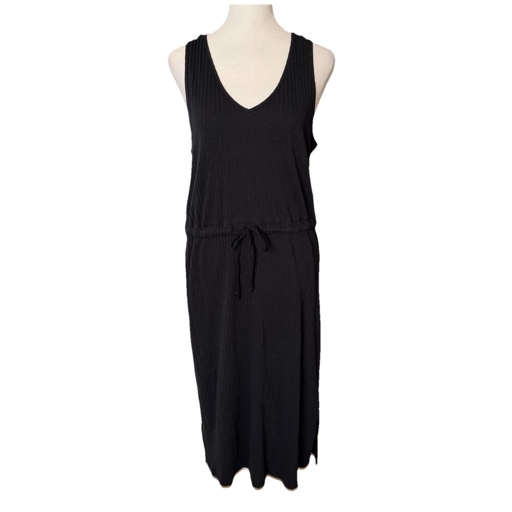 Treasure & Bond Womens Large Tank Dress Vneck Sleeveless Ribbed Black Slits Midi